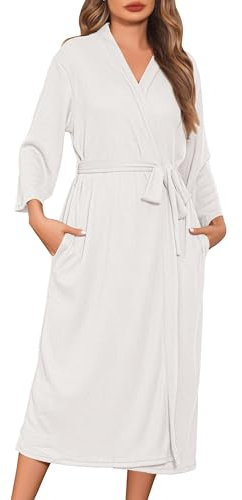 Wikoan Bademantel Damen Waffelpique Sauna Bademantel Leicht Morgenmantel Damen Dünn Kimono Hausmantel lang Mit V-Ausschnitt Bademäntel Weiß L