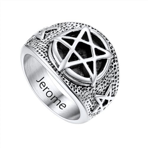 U7 Pentagramm Ring Herren Silber Ring mit Gravur Statement Ring Edelstahl Siegelring Punk Satan Ring Vintage Bandring Satanic Luzifer Rockerring Hip Hop Rapper Cool Fingerring Modeschmuck für Vater
