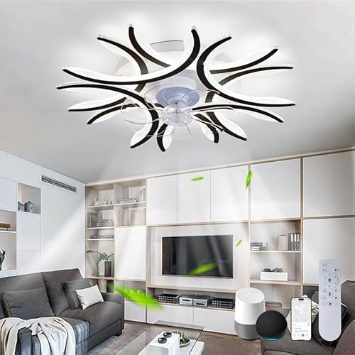 NVZHIDAI LED Ceiling Fan Lights Alexa Bedroom Remote Control Silent Ceiling Light with Fan Dimmable Reversible 6 Speed Flush Mount Fan Light Smart DC Large Modern for Living Room, Lounge, Black||B