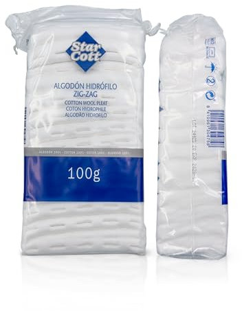 Star Cott - Hydrophiles Weißes Baumwoll-Zickzack, 100g - 100% Reine Baumwolle, Chlorfrei Gebleicht - Baumwolle - Ideal für die Behandlung von Wunden und Hautdesinfektion
