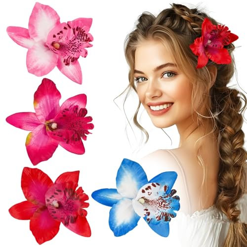 4PCS Pince Cheveux Orchidée Barrette Fleur Artificielle Epingle Clip de Cheveux Accessoires de Cheveux Coiffure Supplies Femme Fille pour Carnaval Plage Fete Mariage Multicolore