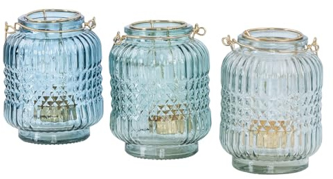 3er Set Glas Windlicht Türkis Gold H13cm Transparent Teelichthalter Kerzenhalter Tischdeko Kerze Kerzenständer