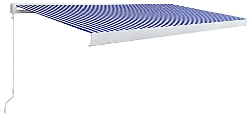 Manuelle Kassettenmarkise, einziehbare manuelle Terrassenmarkise, Sonnenschutzdach für den Garten, Pavillon, Sonnendächer für Terrassendecks, Türfenster, Blau und Weiß, 500 x 300 cm