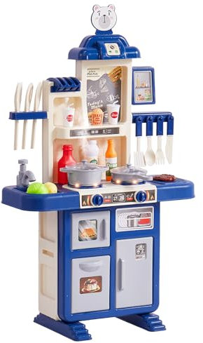 VEVOR Cocina de Juguete para Niños Cocinita Infantil Juguete de Simulación con Olla a Vapor Sonido Luz 48 Piezas de Accesorios de Cocina para Niños, Preescolares, Niños de 3 a 5 Años, Azul