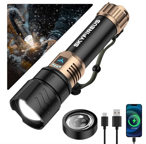 SKYFIRE Torcia a LED ad alta luminosità con lente di accensione, 1500.000 lm, torcia ricaricabile super luminosa, zoomabile, quattro modalità, impermeabile, tattica, per campeggio, esterni, casa e