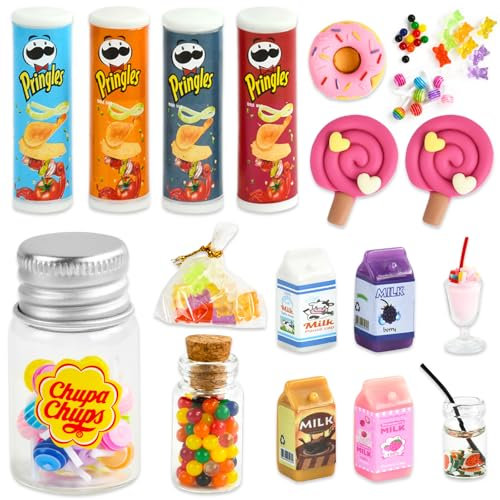 Mini Essen 16 Stück Mini Food Miniatur Lebensmittel Miniatur Kartoffelchips/Milch/Lutscher/Schokolade/Krapfen/Trinken/Bärenbonbons Wichtelzubehör Puppenhaus Zubehör