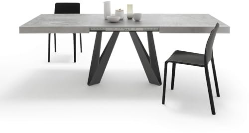 MOBILI FIVER, Mesa Extensible Romina 160(240) x90cm, Cemento Gris con Patas en Hierro Negro, para 6-10 Personas, Mesa Extensible de Comedor, Mesa Cocina, Salon, Made In Italy