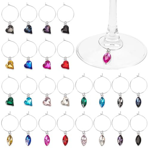 BENECREAT 24 colgantes de cristal de aleación de corazón y ojo de caballo para cócteles, champán, copas de vino, con anillos para bodas, fiestas, cenas, banquetes