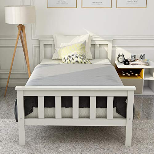 USROCAS Einzelbetten 90x200 cm, Weiß Bettgestell mit Lattenrost und Hohem Kopfteil, Massivholz Betten, Bettrahmen, Kinderbett Jugendbett Gästebett Rahmen Kiefer