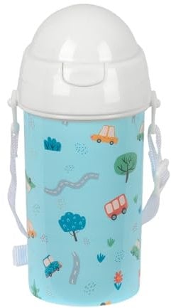 Safta PREESCOLAR COCHES - Botella de Apertura Automática, con Pajita, Botella de Agua, Sin BPA, con Bandolera, Cómoda y Ligera, 500 ml, 7.3x19.5 cm