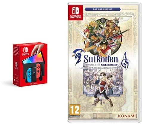 Nintendo Switch (Modèle OLED) avec Manettes Joy-Con Bleu Néon/Rouge Néon & Suikoden 1 & 2 HD Remaster: Day 1