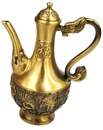 Qianly Brass Tea Pot Ornament Creative Multifunction Art Decor Water Pitcher Drinks Jug for Indoor Bookshelf Bedroom Living Room, Fu Character