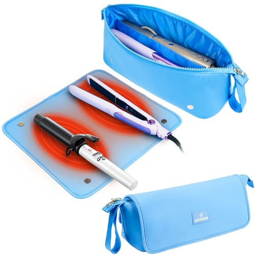 Jaffzora Hair Tools Travel Bag with Heat Resistant Mat, Portable 2 in 1 Hair Storage Bag for Curling Iron, Flat Irons, Straighteners and Haircare Accessories(Blue)