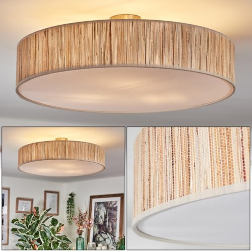 HOFSTEIN Deckenleuchte Foggia, Deckenlampe aus Metall/Binsenstroh/Stoff/Kunststoff in Nickel-matt/Natur/Beige/Weiß, runde Boho Leuchte (Ø 60 cm), E27, Esszimmer, Wohnzimmer, Schlafzimmer, Küche