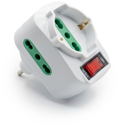 Mach Power Adattatore Multipresa tripla schuko con Spina Rotante 10A, Protezione Sovraccarico e Interruttore, 2 Prese 16A Bipasso 2P+T + 1 Presa Schuko (MP-SA1080R)