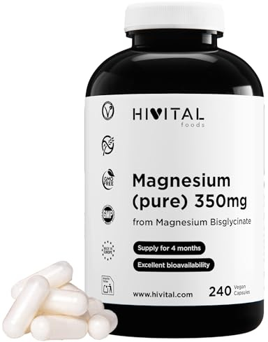 Magnesium 350 mg från Magnesiumbisglycinat. 240 veganska kapslar | För 4 månaders behandling. Magnesiumbisglycinat med Hög Biotillgänglighet. Tillverkad av HIVITAL.