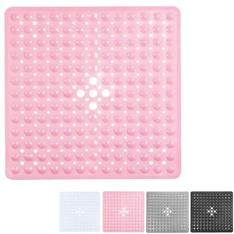 Dusche Badematte 53x53cm, Extra Quadrat Duschmatte Anti Schimmel Badematten Rosa, rutschfeste Badematte für Wanne, Duschmatten mit Saugtaschen, Ablauflöcher, Maschinenwaschbare Badewannematten