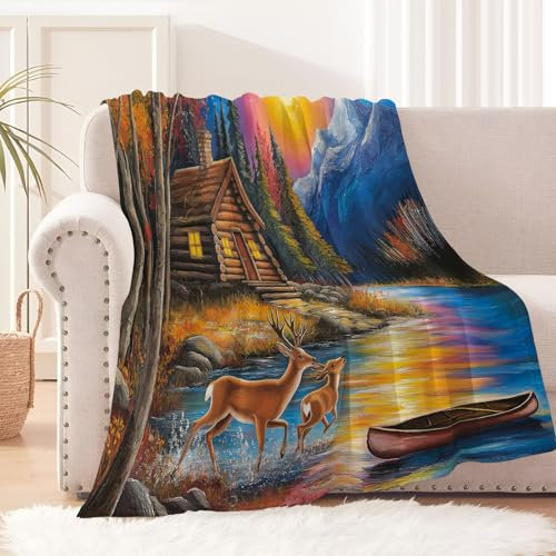 Kuscheldecke Altes Holzhaus Hirsche Flauschig Decke Sofa 220 × 240 cm für 4 Jahreszeiten - Berge Bäume Weich/Warm/Leicht Sofadecke Wohndecke Couchdecke für Couch, Flanell Fleecedecke