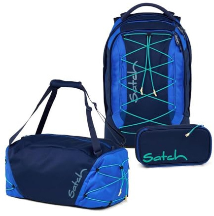 Satch Pack Sneaker Special Style Schulrucksack Set 3tlg. inkl. Schlamper mit Geodreieck (Crossed Blue Sneaker)