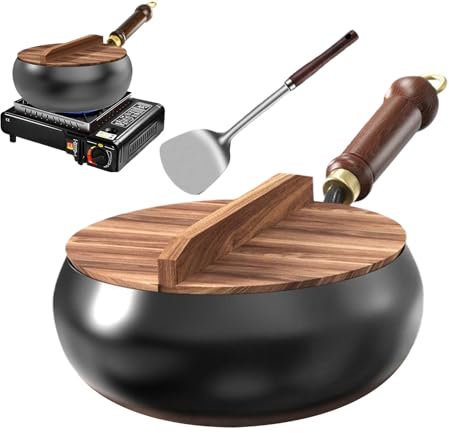 Cast Iron Wok | Uncoated Iron Pan with Wooden Lid and Handle | Chinese Non-Stick Wok | Big Belly Pot | 24cm Non Stick Frying Pan | Round Bottom Suntup Pan for Induction, Electric