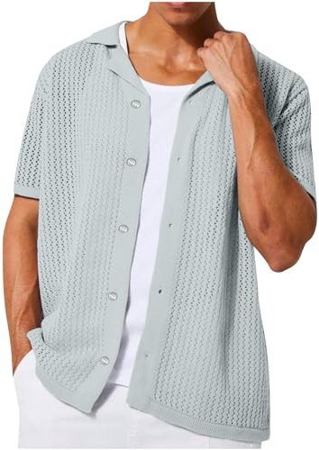Herren Hemd Kurzarm Crochet Cardigan Knit Strick Freizeit Männer Sommer Retro Rever Hemd Tshirt Button Down Slim Fit Hemden Bequeme Leicht Einfarbige Strickhemd Lässig Shirt mit Knopfleiste