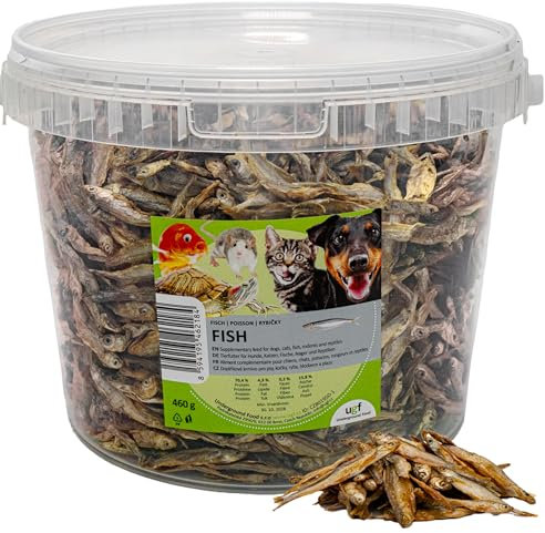 UGF - Trockenfisch für Hunde - 460g im 3 Liter Eimer, Hunde Leckerlis, Hundeleckerli Getreidefrei, Getrockneter Fisch, Hypoallergen, Diätetisch, Trainingsleckerli, Kauartikel