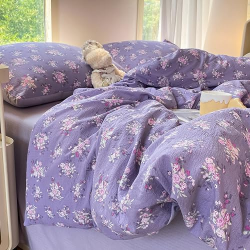 GETIYA Mädchen Damen Bettwäsche 135x200 4teilig Romantisch Blumen Bettwäsche Lila Weich Mikrofaser Bettbezug Blumen Blümchen Muster Deckenbezug Doppelbett mit 2 Kissenbezug 80x80