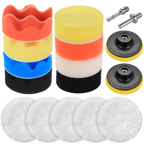 17 Pcs Car Polishing Pads for Drill Polishing Kit, 80mm Wool Buffing Pads for Drill Buffer Attachment, Car Buffer Polisher for Drills, Sponge Polishers and Buffers, Waxing, Sanding + Adapters