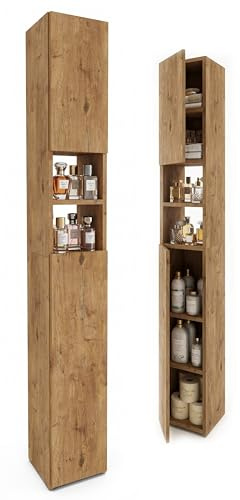 CraftPAK Badezimmerschrank 24 cm Breit, Badschrank, Hochschrank 7 Fächer Verstellbar 2 Türen Badezimmermöbel Badmöbel Schmal Holz Braun