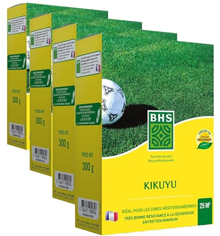 BHS Kikuyu - Gazon Zones Méditerranéennes - 300g - 25 m² - Résistant aux Fortes Chaleurs - Bonne Résistance aux Piétinements KIK300 (Lot de 4)