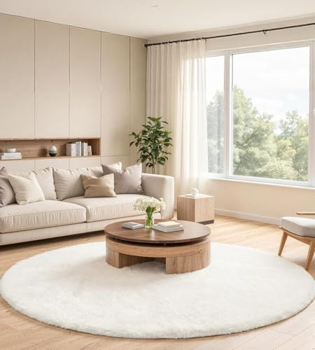 ROHATIM Teppich rund 160 cm Creme, Kunstfell, flauschig, waschbar | maschinenwaschbar, Kaninchenfell-Optik, ultraweicher Flor, rutschfeste Rückseite, OEKO-TEX, für Schlafzimmer und Wohnzimmer
