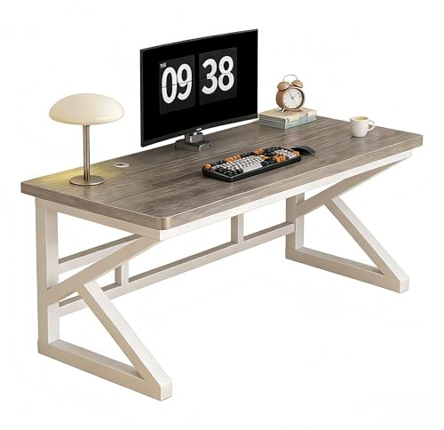 Schreibtisch Stabil 30mm Dicke Tischplatte, Gaming Tisch K-Form Metallbeine, Schwerlast Computertisch, Bürotisch Groß für Home Office & PC, Doppelte Querstrebe(Gray,W-FR,63.0in)