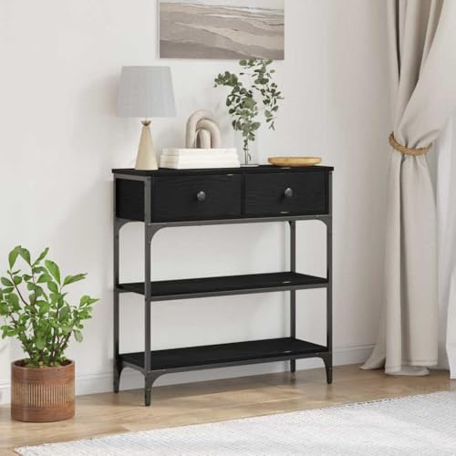 Zeehear Table console noire aspect chêne, 72,5 x 25 x 75 cm, avec 2 tiroirs et étagère, table d'appoint étroite pour couloir, salon, chambre à coucher