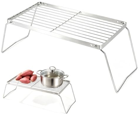 Klappbarer Grillrost aus Edelstahl 30 x 16 cm, Camping Grill mit 2 Höhen, Faltbarer Outdoor Grillrost für Feuerschale, Mini Campinggrill für Outdoor Kochen, Picknick und Trekking