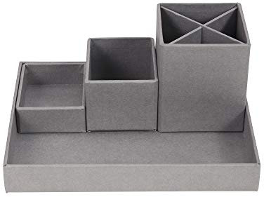 BIGSO LENA Schreibtisch Organizer für Stifte, Büroklammern, Haftnotizen usw. – Sortierkasten mit 4 Fächern – Ordnungssystem aus Faserplatte und Papier – grau