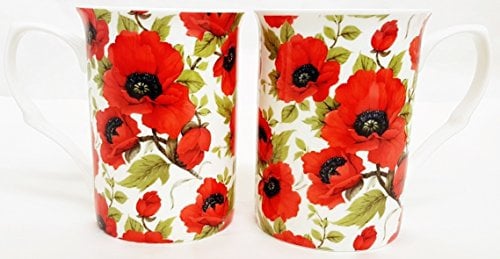 Red Poppy Mugs Set of 2 Fine Bone China Floral Poppies Cups Hand Decorated in UK