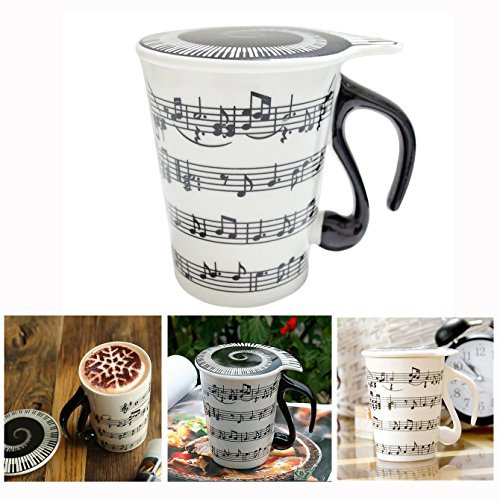 XLKJ Taza Original de Café y Desayuno, Taza de Cerámica Creativa con Tapa, Notas de Música Taza de Café Regalo para Amigos Familia