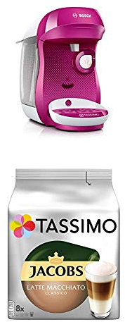 Bosch TAS1001 Tassimo Happy Kapselmaschine,1300 W, große Getränkevielfalt, TasWild purple + Tassimo Jacobs Typ Latte Macchiato Classico, 5er Pack Kaffeespezialität T Discs (5 x 8 Getränke)