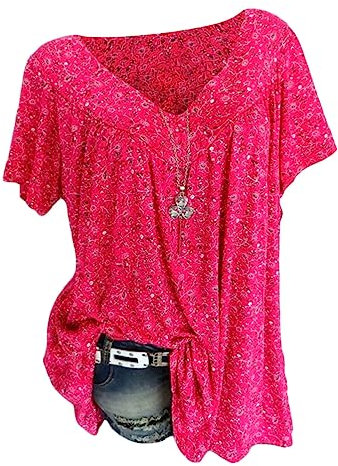 ORANDESIGNE T-Shirt Femme Grande Taille Tee Shirt Ete Chic Lâche Fleur Imprime Manche Courtes Col V Sexy Top Blouse Casual Haut Tunique Chemise A Rose Rouge S