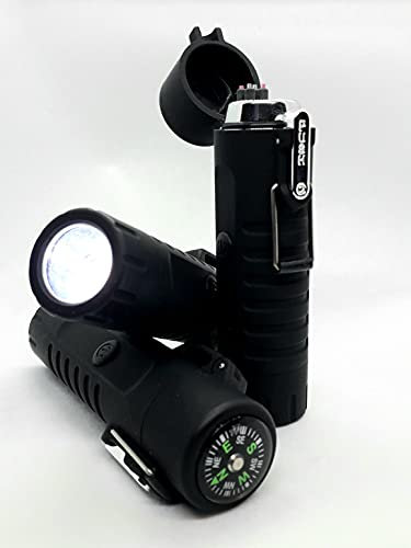 Multifunction Waterproof Dual Arc Lighter with LED Flashlight and Compass. Outdoors Survival Tactical Tool. BLACK