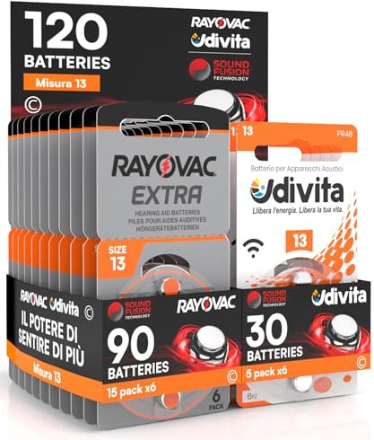 120 Piles pour appareils acoustiques Rayovac Extra Advanced 13. 120 Piles : 90 Rayovac + 30 Udivita