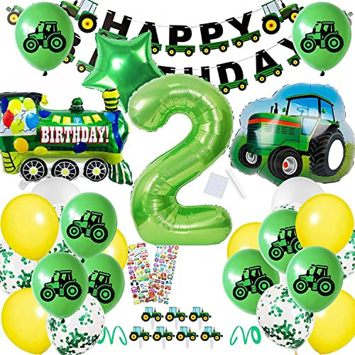 BECILES Traktor Geburtstag Deko, Folienballon Zahl 2 in Grün, Traktor Luftballons mit Happy Birthday Girlande für Kindergeburtstag Geburtstagdeko
