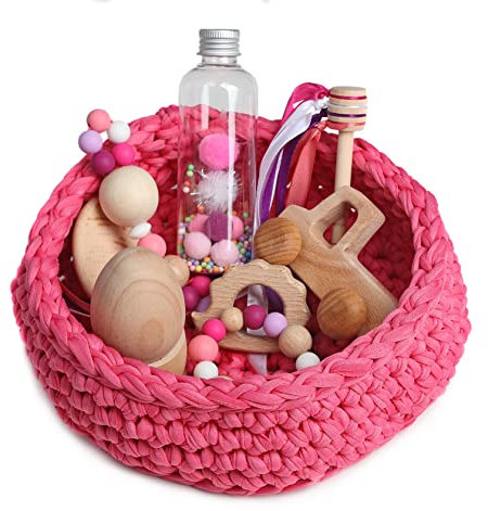 Cesto tesoros bebé. Cesto sensorial bebé. Juego estimulación sensorial Montessori para bebés entre 4 y 18 meses. ¡Más que un juego para el aprendizaje de tu bebé! COLOR FUCSIA