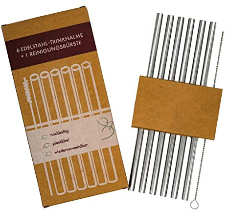 Mannesfaktur Edelstahl Strohhalme 6er-Set mit Reinigungsbürste - 6mm Durchmesser - 21mm Länge - wiederverwendbar - umweltfreundlich - nachhaltig - waschbar - no waste - Cocktail - Trinkhalm - Metall