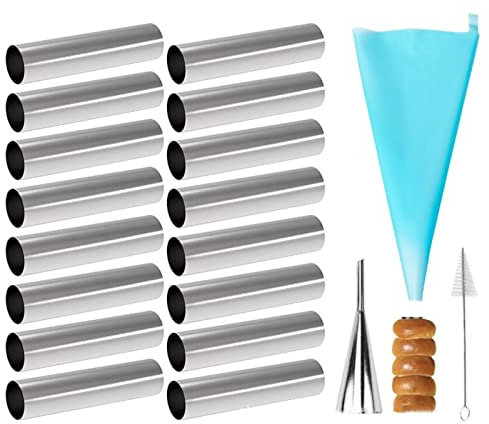 Joyeee Lot de 16 moules à cannoli avec grands tubes antiadhésifs de 11,9 cm, poche à douille réutilisable, brosse et embouts en acier inoxydable, kit de moules à cannoli pour croissants