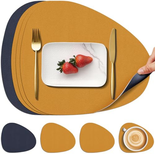 HEYOMART Placemats and Coasters Set of 4, Dual-Sided PU Leather Round Table Mat Non-slip Wipeable Waterproof for Kitchen Indoor Outdoor Dining Table Restaurant, Blue Yellow