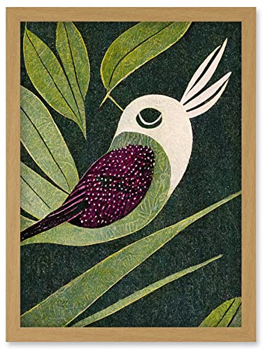 Doppelganger33 LTD Vintage Linocut Illustration Small Bird With Plant Leaves Artwork Framed Wall Art Print A4