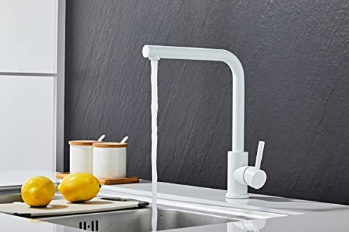 AIYA Bath Küchenarmatur aus Edelstahl | Weiß | Eckiger Ablauf | Zeitloses und modernes Design aus Dänemark | Einhebelmischer | Küchenarmatur | Hohe Qualität und Haltbarkeit