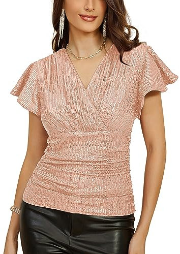 GRACE KARIN Pailletten-Rüschen-Oberteil für Damen, kurzärmelig, elegant, glitzernd, gerüscht, Wickelbluse, Party, Club, Cocktail-Shirt, Roségold, Groß