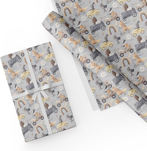 KOKO&LORA® Süßes Boho Geschenkpapier - 5 x A2 Bögen à 59,4 x 42 cm • Waldtiere mit Regenbogen